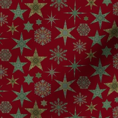 William Morris Tribute Nostalgic Christmas Star Pattern On Red Smaller Scale