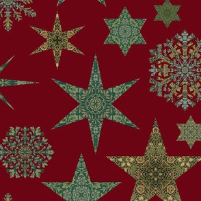 William Morris Tribute Nostalgic Christmas Star Pattern On Red