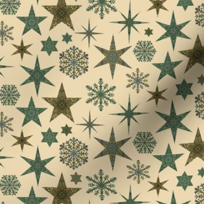William Morris Tribute Nostalgic Christmas Star Pattern Beige Smaller Scale