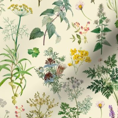 Herbs And Wildflower Vintage Botanical Floral Pattern On Yellow Smaller Scale