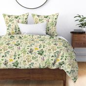 Herbs And Wildflower Vintage Botanical Floral Pattern On Yellow