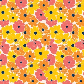 Retro floral, small,  bright, pink, orange, yellow, cosmos, floral, flower, line drawing, pink orange  yellow, ashleigh fish