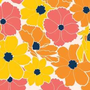 Bright summer hand drawn retro floral in pink, orange and yellow, large scale maximalist flowers