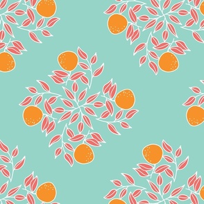 Oranges, Teal, Turquoise, mint, citrus, fruit, leafy, botanical, grapefruit, diamond, check, geometric, bright, summer, spring, Ashleigh Fish