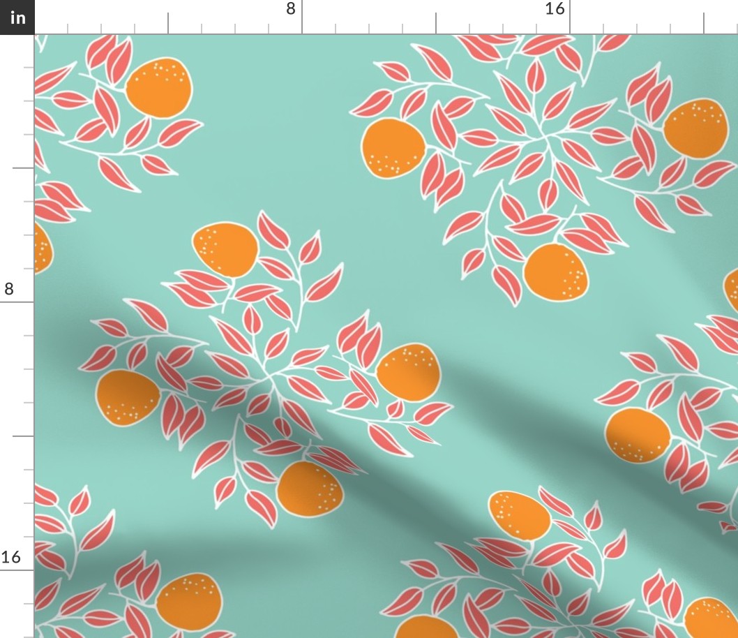 Oranges, Teal, Turquoise, mint, citrus, fruit, leafy, botanical, grapefruit, diamond, check, geometric, bright, summer, spring, Ashleigh Fish