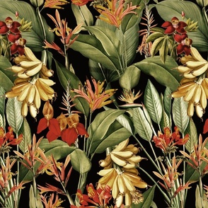 vintage tropical yellow bananas, antique exotic palm, green Leaves and nostalgic red blossoms   Tropical jungle fabric, - sepia black  