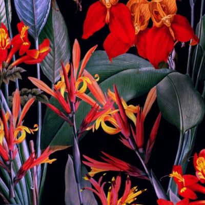 vintage tropical yellow bananas, antique exotic palm, green Leaves and nostalgic red blossoms   Tropical jungle fabric, - black cinema effect