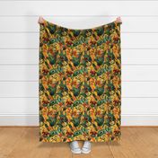 vintage tropical yellow bananas, antique exotic palm, green Leaves and nostalgic red blossoms   Tropical jungle fabric, - sunny orange