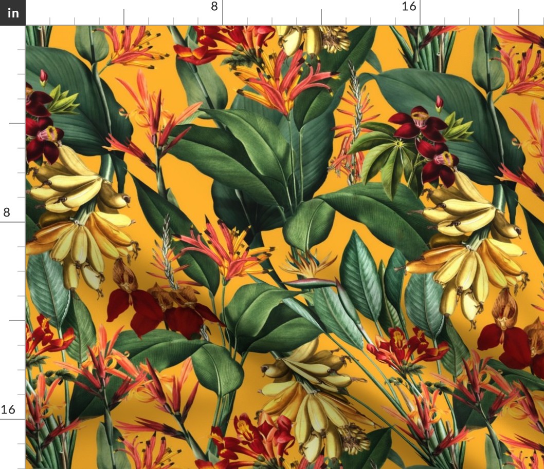 vintage tropical yellow bananas, antique exotic palm, green Leaves and nostalgic red blossoms   Tropical jungle fabric, - sunny orange