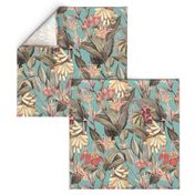 vintage tropical yellow bananas, antique exotic palm, green Leaves and nostalgic red blossoms   Tropical jungle fabric, - sepia turquoise