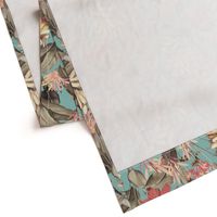 vintage tropical yellow bananas, antique exotic palm, green Leaves and nostalgic red blossoms   Tropical jungle fabric, - sepia turquoise