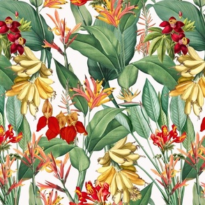 vintage tropical yellow bananas, antique exotic palm, green Leaves and nostalgic red blossoms   Tropical jungle fabric, -  white