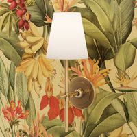 vintage tropical yellow bananas, antique exotic palm, green Leaves and nostalgic red blossoms   Tropical jungle fabric, - off white