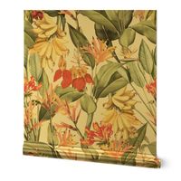 vintage tropical yellow bananas, antique exotic palm, green Leaves and nostalgic red blossoms   Tropical jungle fabric, - off white