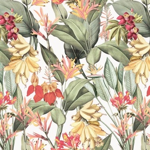 vintage tropical yellow bananas, antique exotic palm, green Leaves and nostalgic red blossoms   Tropical jungle fabric, - off white