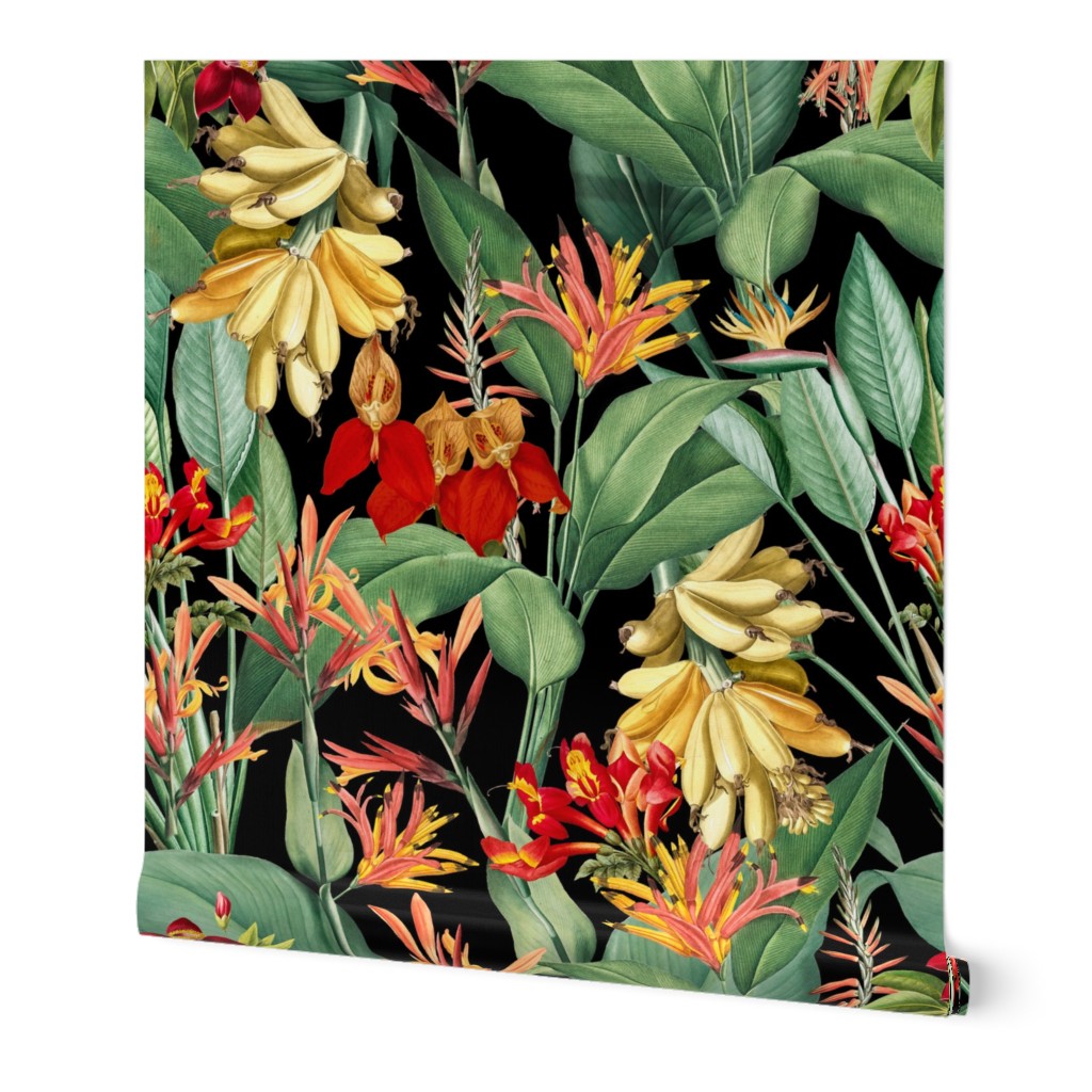 vintage tropical yellow bananas, antique exotic palm, green Leaves and nostalgic red blossoms   Tropical jungle fabric, - black  