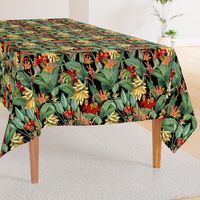 vintage tropical yellow bananas, antique exotic palm, green Leaves and nostalgic red blossoms   Tropical jungle fabric, - black  
