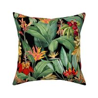 vintage tropical yellow bananas, antique exotic palm, green Leaves and nostalgic red blossoms   Tropical jungle fabric, - black  