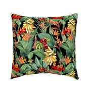 vintage tropical yellow bananas, antique exotic palm, green Leaves and nostalgic red blossoms   Tropical jungle fabric, - black  