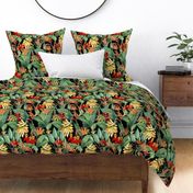 vintage tropical yellow bananas, antique exotic palm, green Leaves and nostalgic red blossoms   Tropical jungle fabric, - black  
