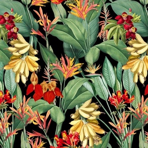 vintage tropical yellow bananas, antique exotic palm, green Leaves and nostalgic red blossoms   Tropical jungle fabric, - black  