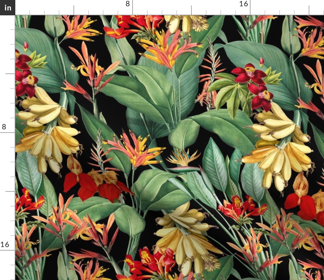 vintage tropical yellow bananas, antique exotic palm, green Leaves and nostalgic red blossoms   Tropical jungle fabric, - black  