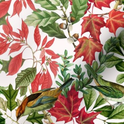 14" Fall twigs ,berries, leaves and birds, autumn fabric, vintage birds fabric off white 