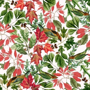 14" Fall twigs ,berries, leaves and birds, autumn fabric, vintage birds fabric off white 