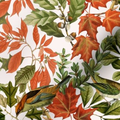 14" Fall twigs ,berries, leaves and birds, autumn fabric, vintage birds fabric sepia off white