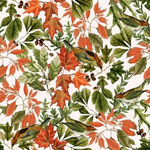 14" Fall twigs ,berries, leaves and birds, autumn fabric, vintage birds fabric sepia off white