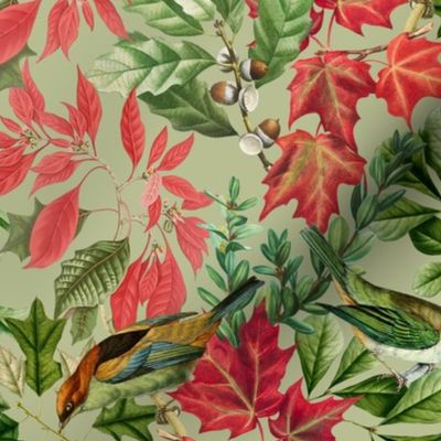14" Fall twigs ,berries, leaves and birds, autumn fabric, vintage birds fabric green