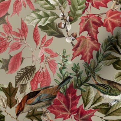 14" Fall twigs ,berries, leaves and birds, autumn fabric, vintage birds fabric olive green 