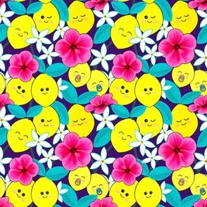 Happy colourful Amalfi flowers and lemons on indigo 