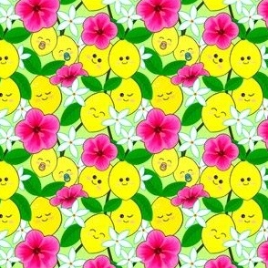 Happy Amalfi Coast lemons and pink flowers on green