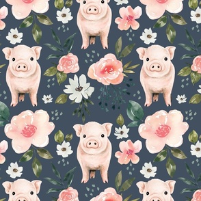 Vintage Spring Pink Floral Pig on Periwinkle Blue 12 inch