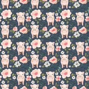 Vintage Spring Pink Floral Pig on Periwinkle Blue 6 inch