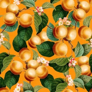 14" Nostalgic Yellow Plum Kitchen Wallpaper, Vintage Plums Fabric,  Fall Home Decor, Fruit Harvest,  linen texture hot orange