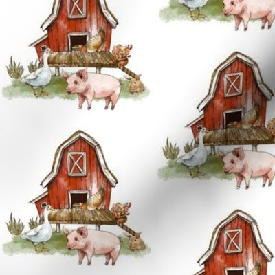 Cute farm animals and red farm house on white