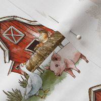 Cute farm animals and red farm house on white