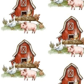 Cute farm animals and red farm house on white