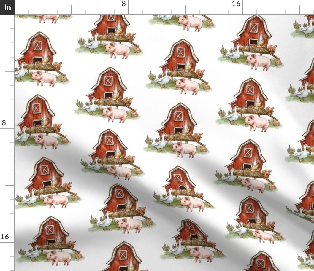 Cute farm animals and red farm house on white