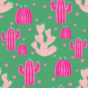 Pink Cacti Friends on Green