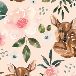 Vintage Spring Baby Deer Floral on Light Pink 24 inch