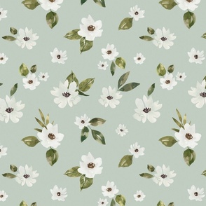 White Flowers Vintage Spring Mint Blue 12 inch