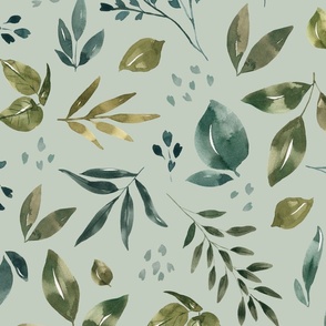Vintage Spring Watercolor Leaves on Mint Blue 24 inch
