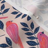 Pink birds with blue foliage