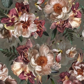 Victorian Era Dark Lush Florals- VIntage Real Flowers - Antique Dark Roses Peonies And Leaves - sage double layer