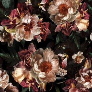 Victorian Era Dark Lush Florals- VIntage Real Flowers - Antique Dark Roses Peonies And Leaves - black 