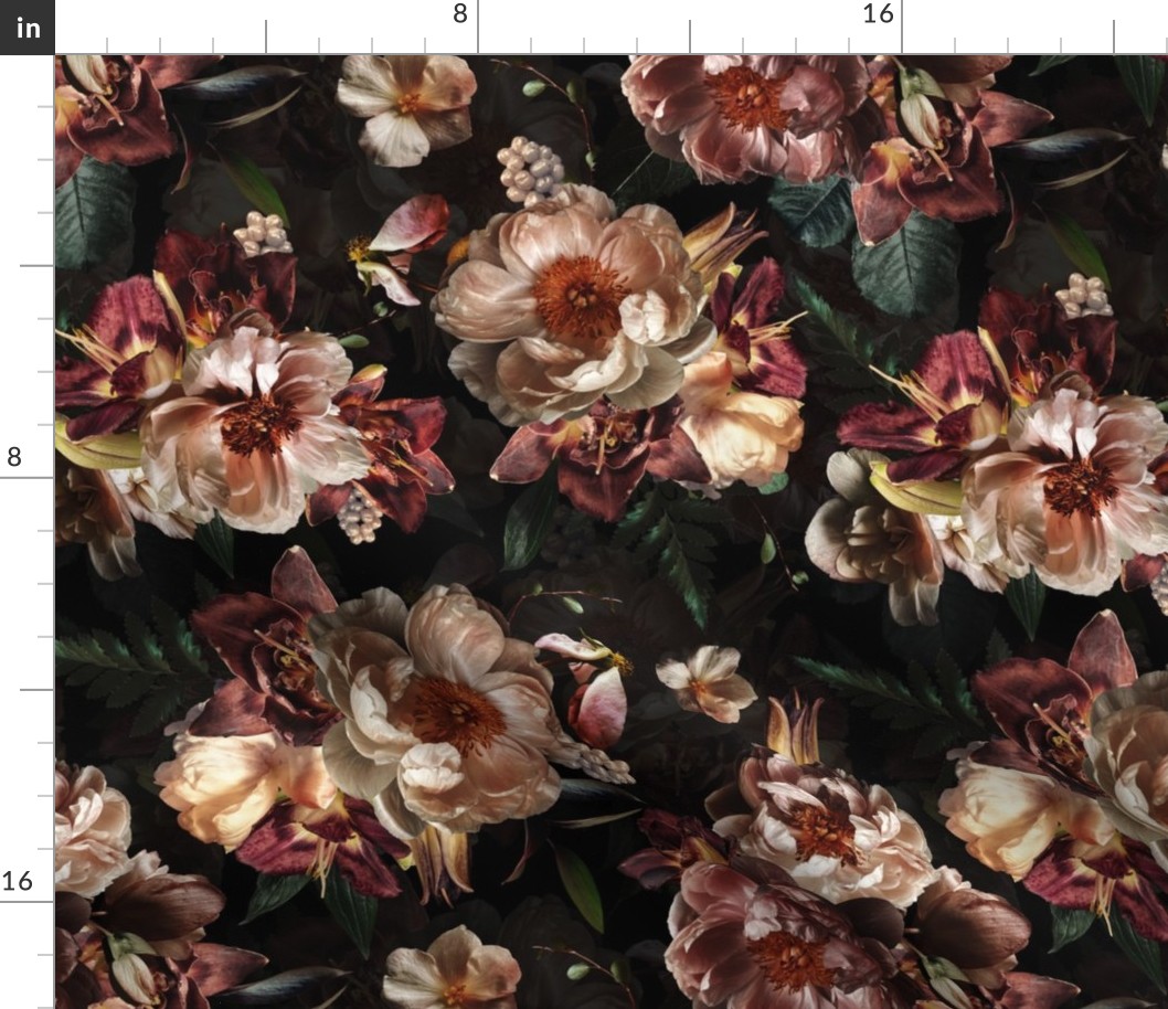 Victorian Era Dark Lush Florals- VIntage Real Flowers - Antique Dark Roses Peonies And Leaves - black 