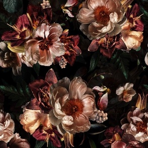 Victorian Era Dark Lush Florals- VIntage Real Flowers - Antique Dark Roses Peonies And Leaves - black double layer